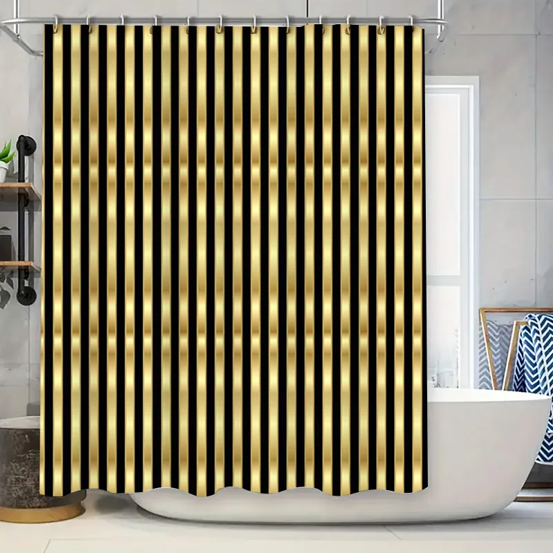 

Black Gold Shower Curtain Modern Stripe Design for Bathroom Decor 72 x 84, Luxury Golden Water Repellent Waterproof Fabric Showe