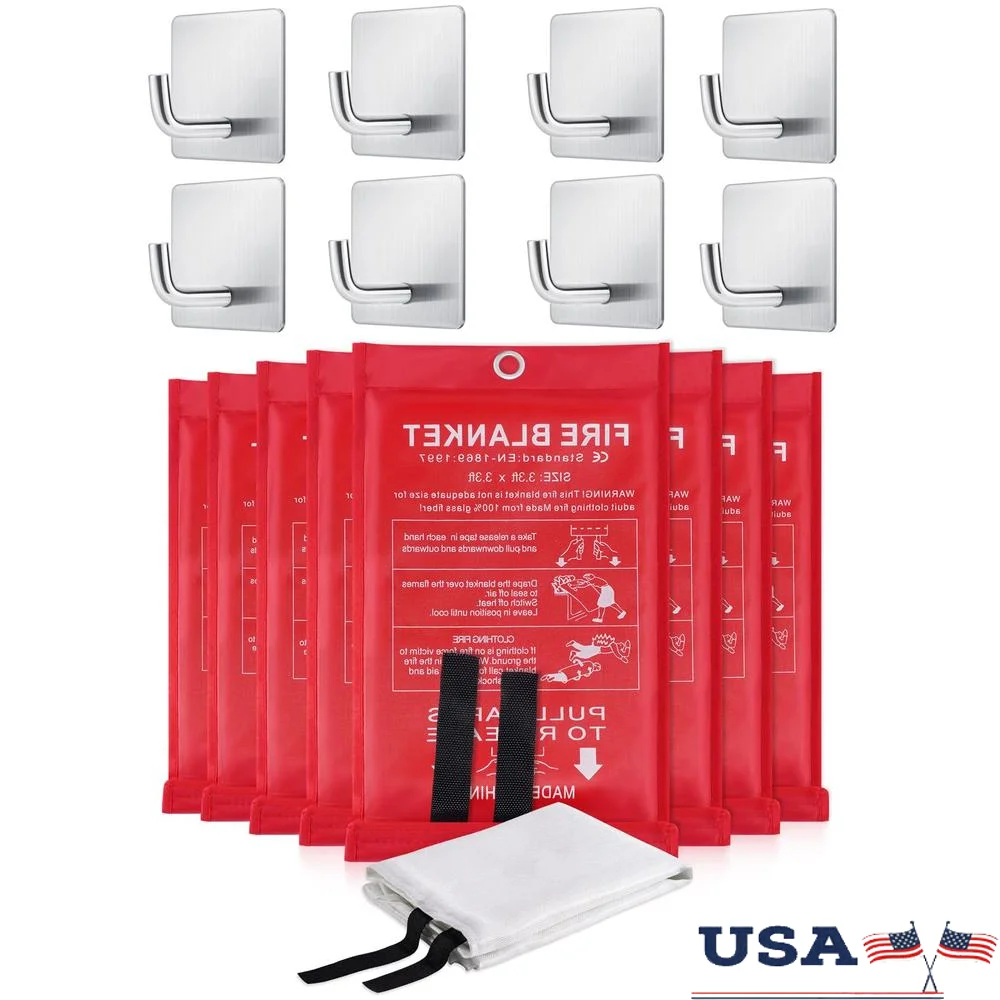 Fire Blanket 40*40 Inches 8-Pack Waterproof Stainless Steel Hooks Office Outdoor Hanging Emergency Tool Fiberglass High Temp