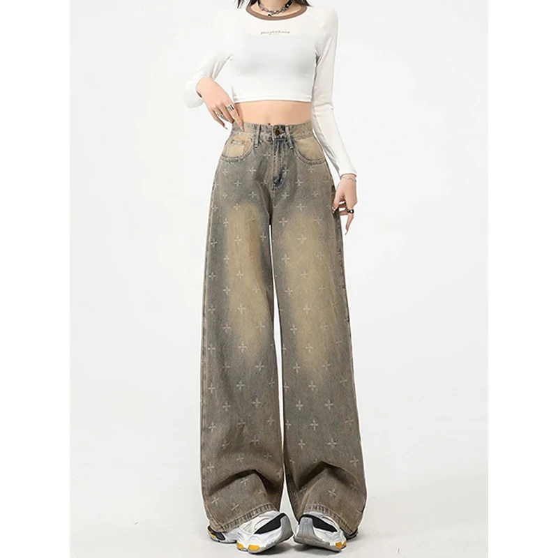 

Y2K Retro Fashion Street Women Jeans Casual Loose Slim Chicly Woman Jeans Blue Simple Basic Straight Leg Pants Female