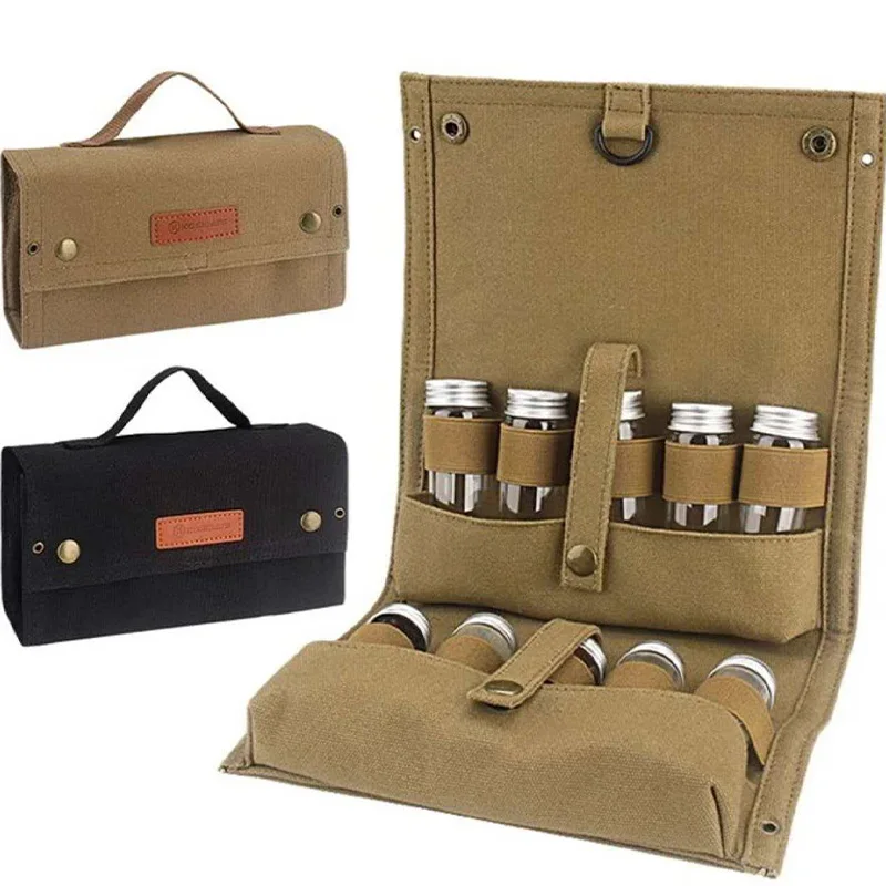 Kit de Especias para Camping, 10 Botellas de Vidrio con Bolsa de Lona de 16oz, Set de Condimentos Portátil para Barbacoa y Senderismo al Aire Libre