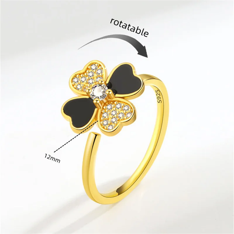 Sweet Clover Flower Ring For Girls Finger Accessories Top Grade Sterling Silver 925 Ring Women Jewelry Turnable Open Size Bijou