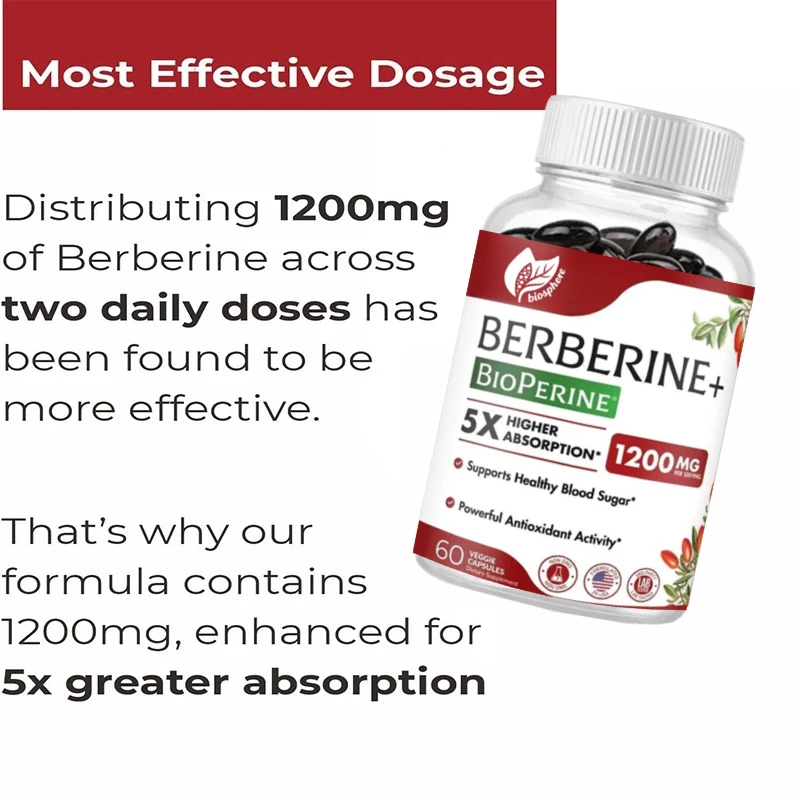مكمل البربرين 1200 ملغ كبسولات نباتية غير معالجة خالية من المواد المعدلة وراثيًا مع معدل امتصاص 5x يزيد من مقاومة الجسم ودعم 60 قطعة