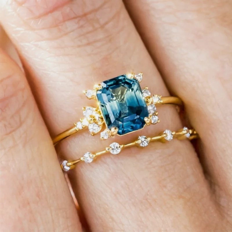 Elegant Luxury Dazzle Blue Synthetic Zirconia Golden Rings Set for Women Fashion Charm Design Banquet Anniversary Jewelry Crafts