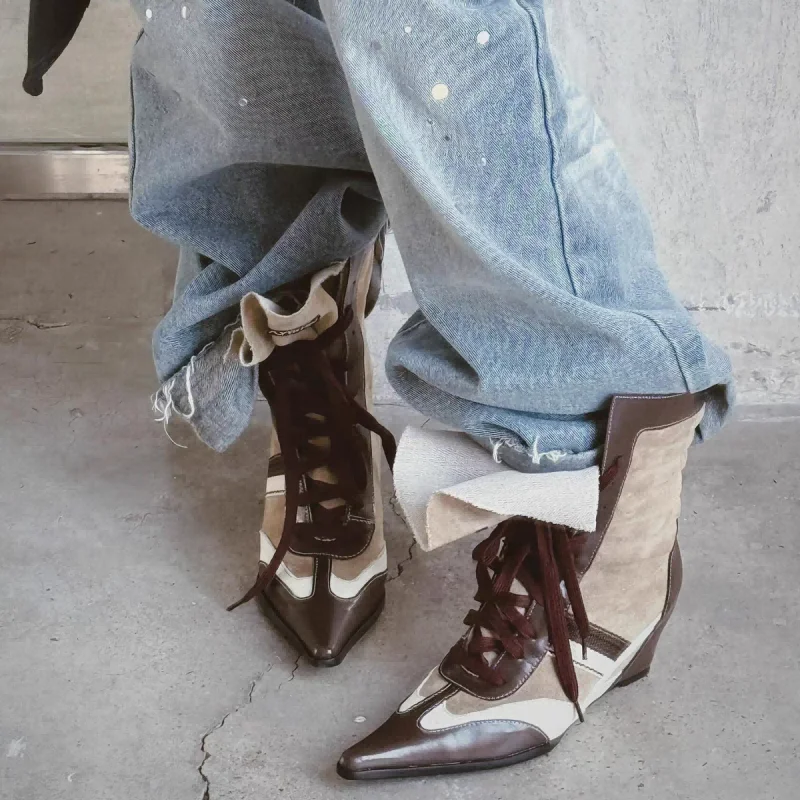 

Boxer Boots for Women Black Brown Sporty Sneaker Mid Calf Boot Wedge Heels Pointed Toe Lace Up Zip Moto Biker Fashion 2025