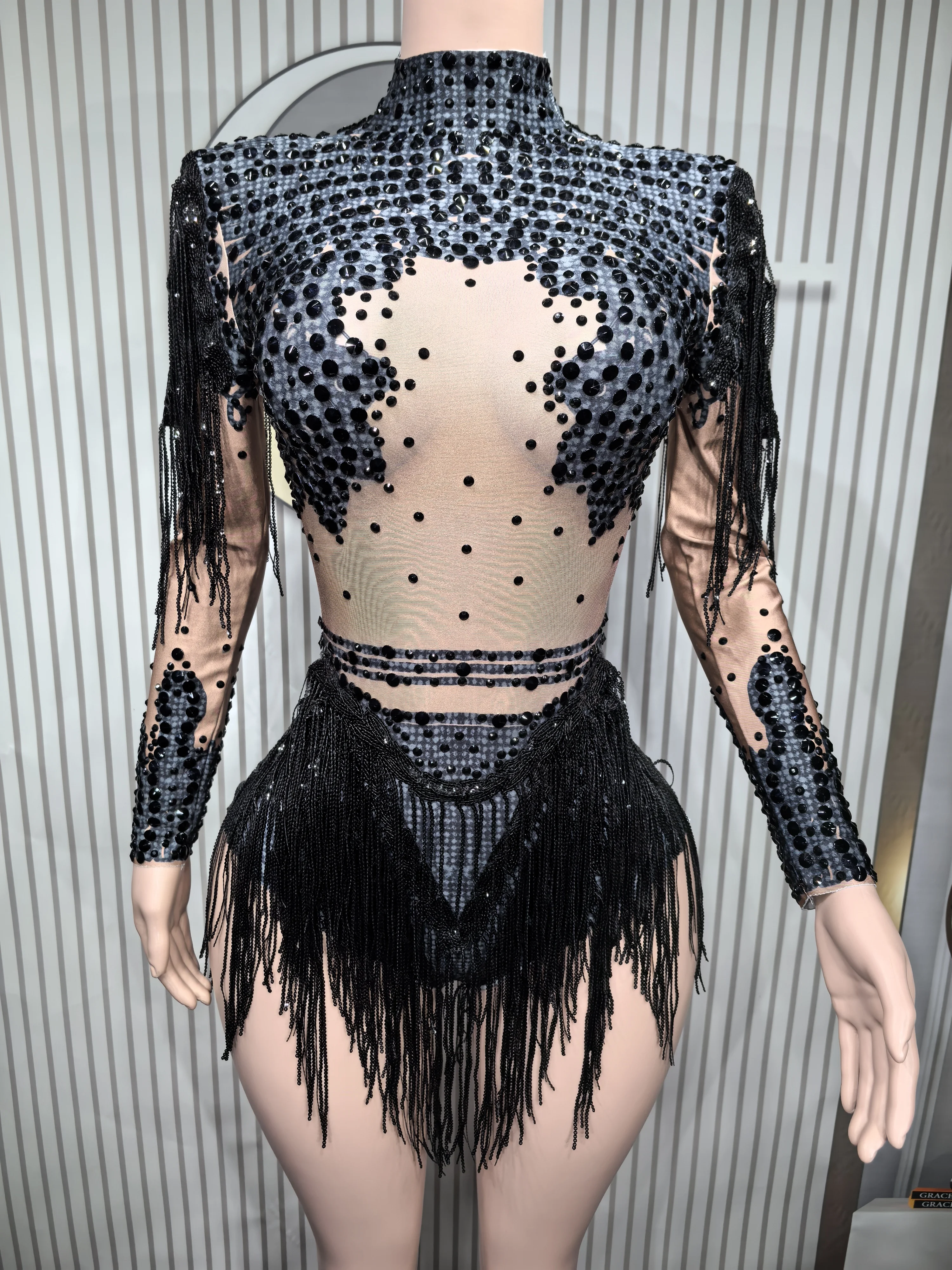 Sexy Elastic Rhinestone Tassel Party Bodysuit OutfiSet Women Nightclub Prom Crystal Fringe LeotardDance Stage Wear Nainiang Q025