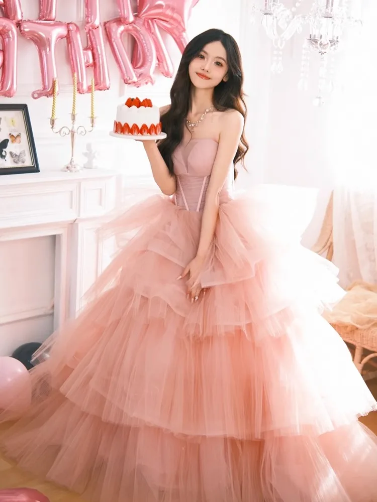 Pink Long Ball Gown Princ Sle Birthday Adult Ceremony Host Women's Formal Wear Fluffy Ele Wedding Cany Annual ...