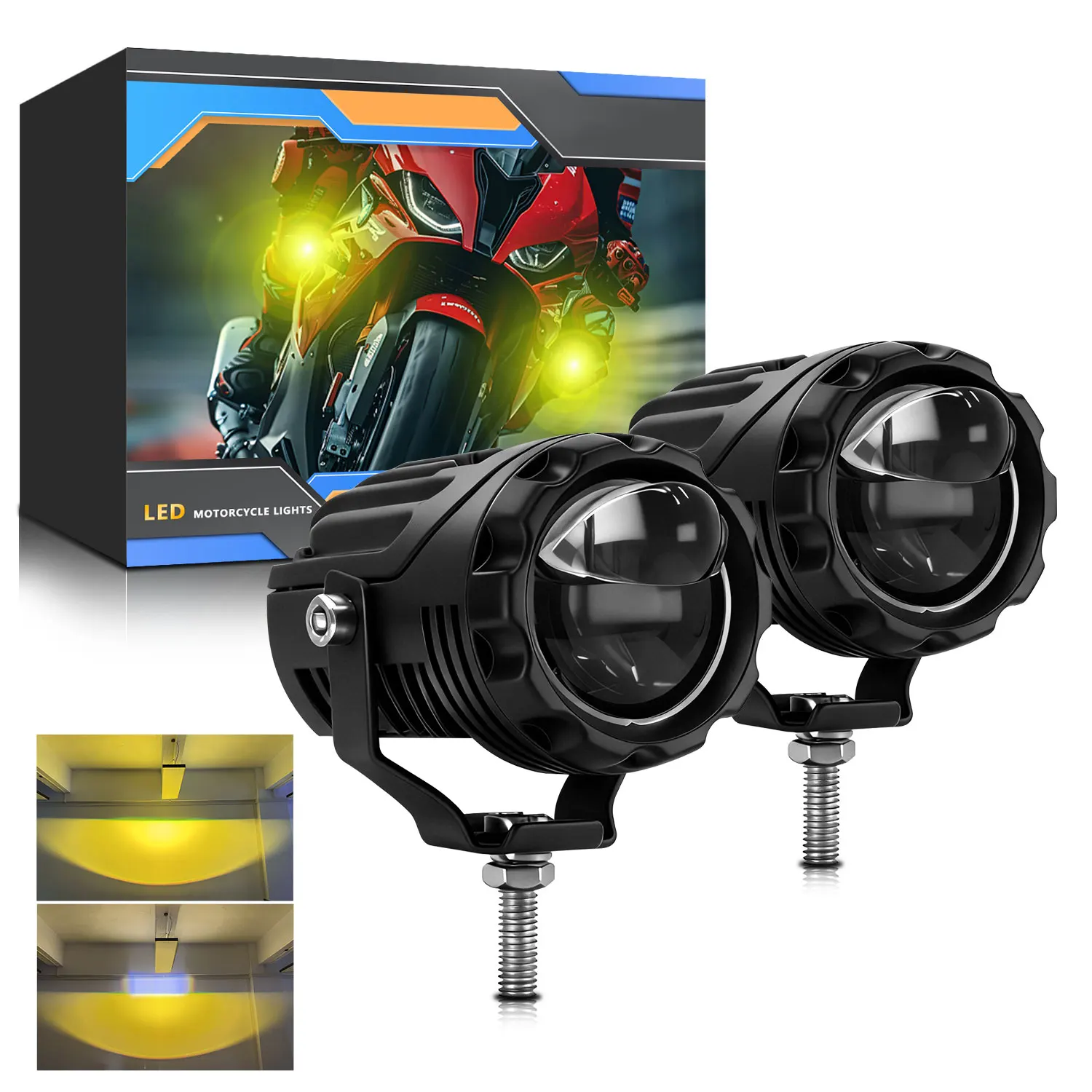 2Pcs Motorcycle LED Fog Light High Beam 50W 5500LM 9-30V DC Dual Lens Motorcycle Spotlight LED Auxiliary Driving Lamp Work Light