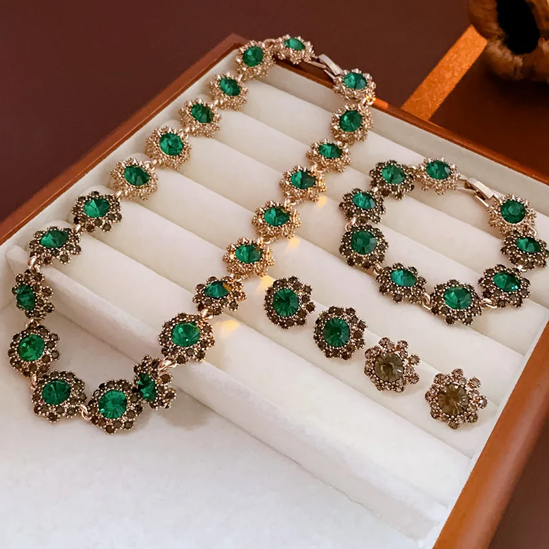 Rhinestone Green Circle Flower Necklace for Women Medieval Vintage Bracelet French Luxury Dainty Earrings Jewelry Sets Wholesale