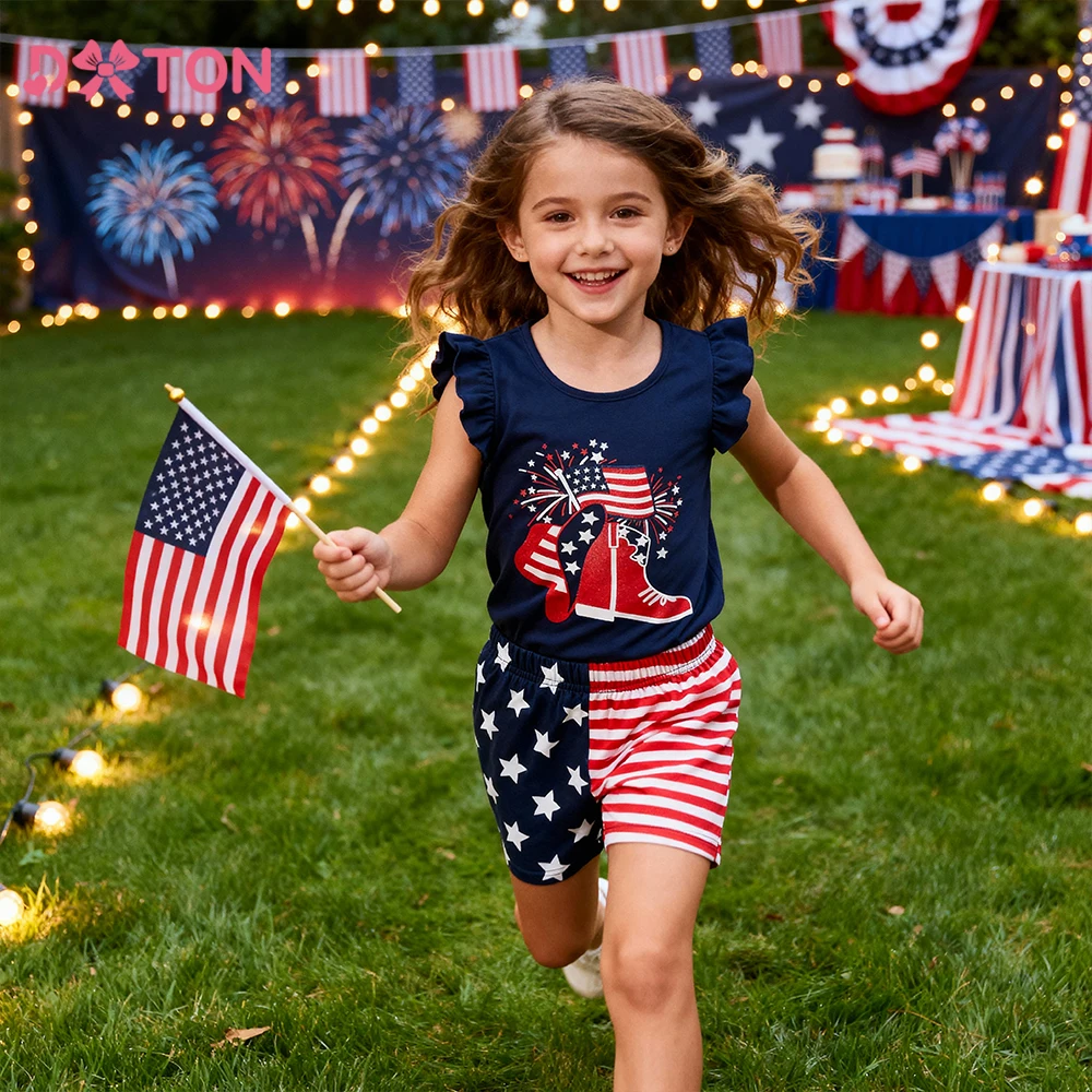 

DXTON Children Girls 2pcs Suit Sleeveless Tops+Shorts Flag Striped Kids Girls T-shirts Outer Wear Summer Baby Girls Daily Suit
