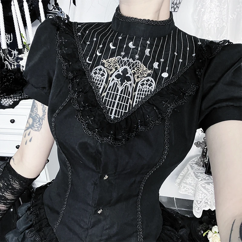 Dark Embroidered Church Window Pattern Short Sleeve Top, Gothic Vintage Lace Trim Slim Women Shirts