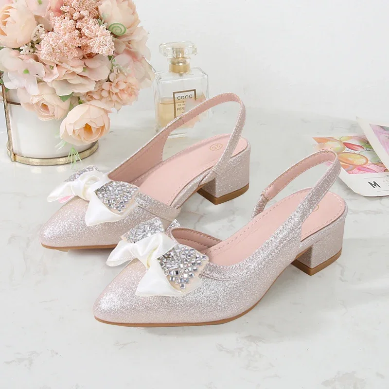 2024 Summer New Children\'s Crystal Shoes Fashion Bow Sequins High Heels Soft Sole Anti Slip Girl Princess Shoes