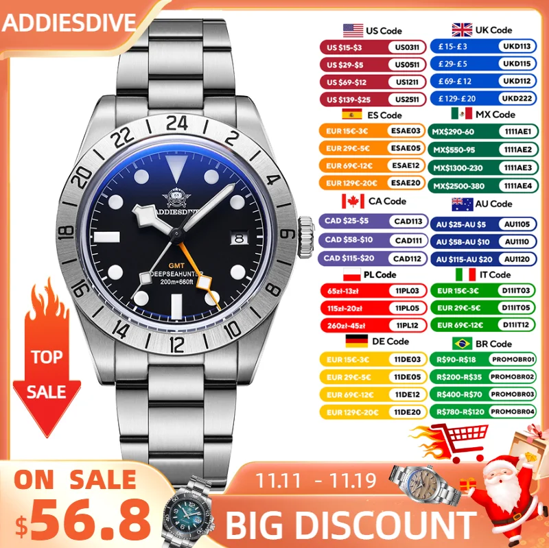 ADDIESDIVE AD2035 New GMT Watch for Men Quartz Wristwatch BGW9 Blue Luminous Steel 200m Waterproof Men‘s Watches reloj hombre