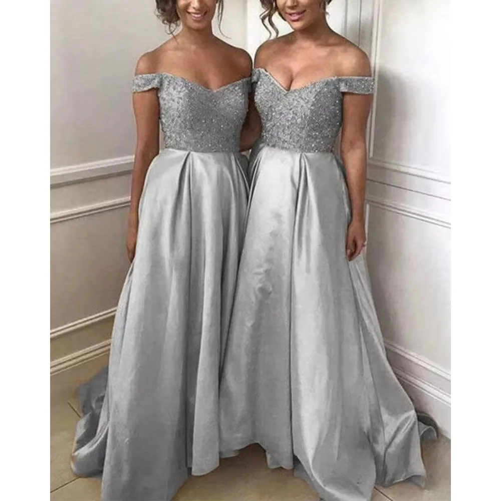 Luxury Wedding Party Dress Champagne Gold Satin Beaded V-Neck Wedding Party Robes Bridesmaid Dresses Long Prom Vestido De Gala