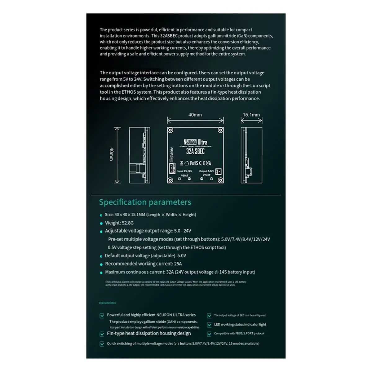 Neuron Ultra 32A SBEC Compact GaN Power Converter 5 Preset Voltage Modes FBUS Support for RC Models and Drones
