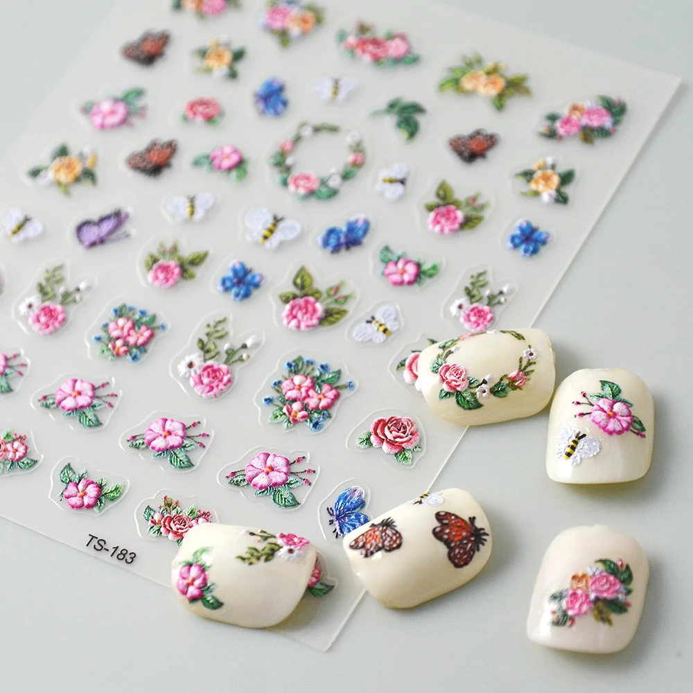 Pegatinas de flores y mariposas para uñas de mujer, decoración de uñas, calcomanías deslizantes para puntas de manicura, 5D