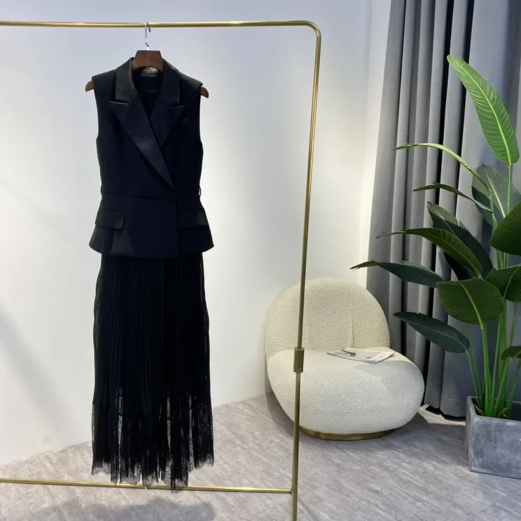 

Summer Ladies Ol Style Peplums Regular Fit Notched Ruched Lace Front High Slit Black Sleeveless Blazer Midi Dress 2024