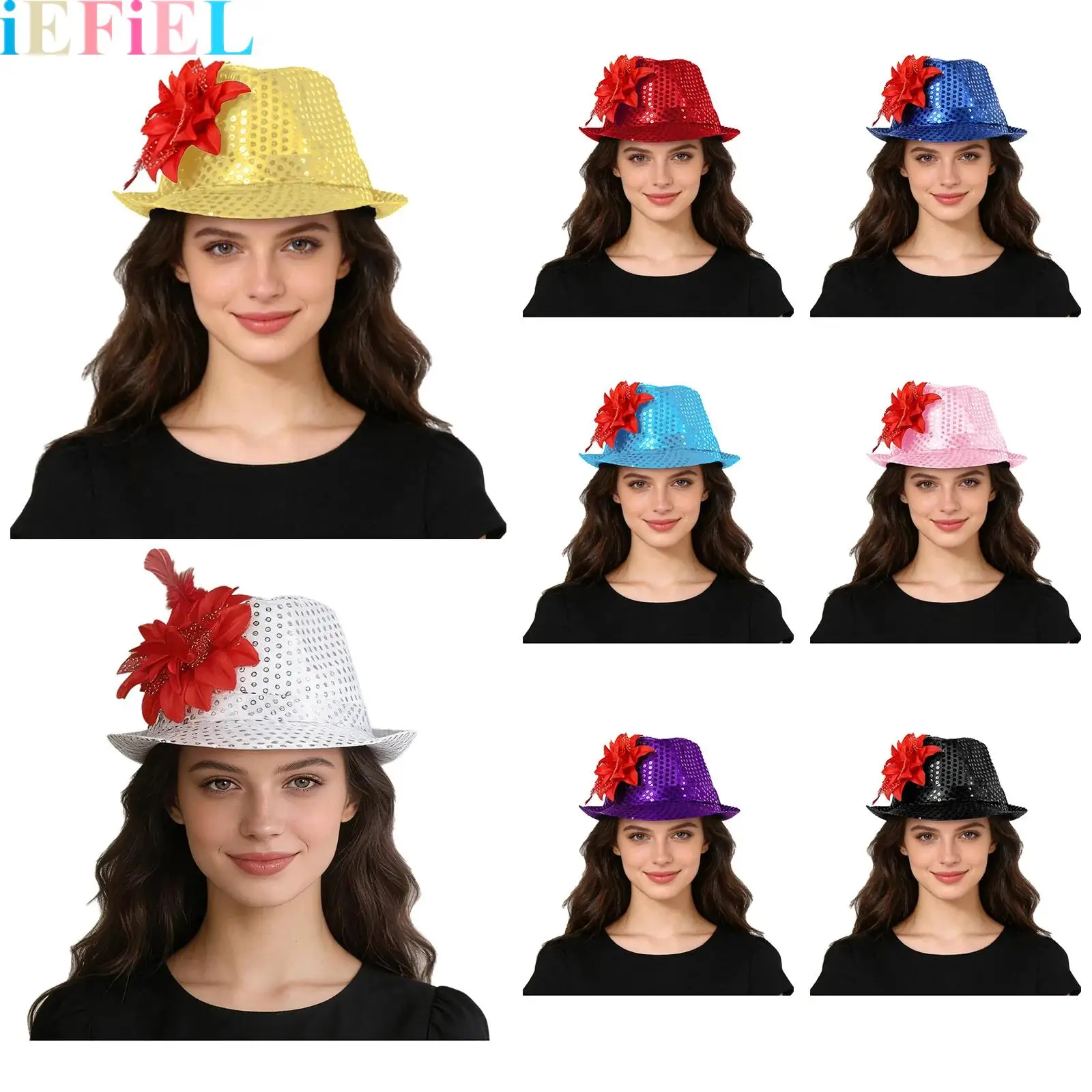

1Pcs Sequins Fedora Hats Flower-decorated Stage Hat Unisex Costume Accessory for Mardi Gras St. Patrick Day And Festive Events