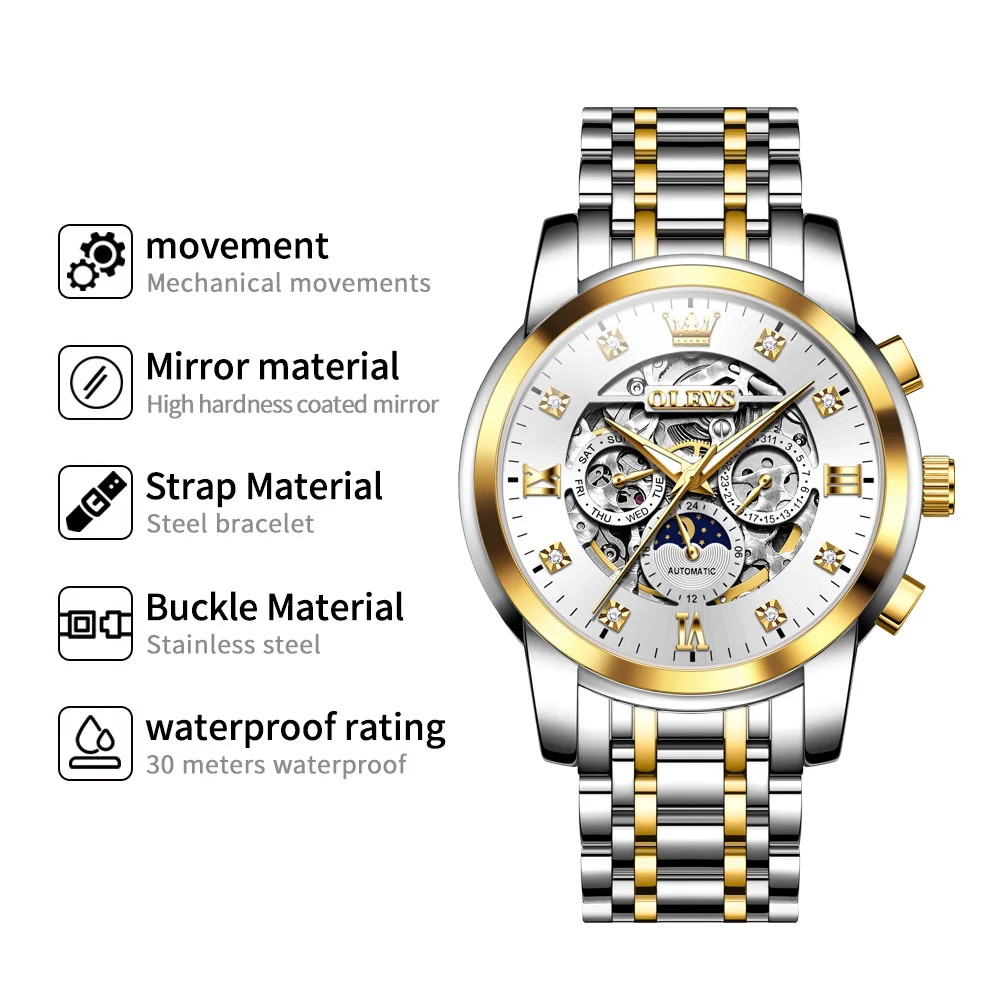 OLEVS Mode herren Uhren Top Marke Edelstahl Original Automatische Mechanische Armbanduhr Aushöhlen Selbst-winding Schwungrad