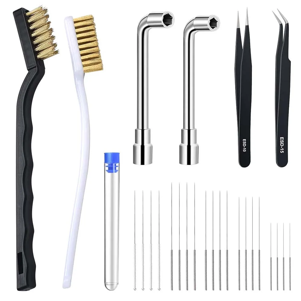 3D Printer Nozzle Wrench Maintenance Kit, Cleaning Pins, Tweezers, Copper Wire Brushes, L-Shaped Wrench Tools for 3D Printing