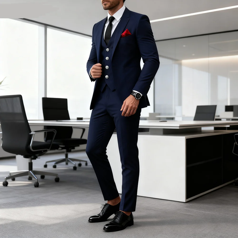 Elegant 3 Pieces Slim Fit Men's Suit Single Breasted Blazer Vest Pants Set for Wedding Groom Tuxedo Business Party