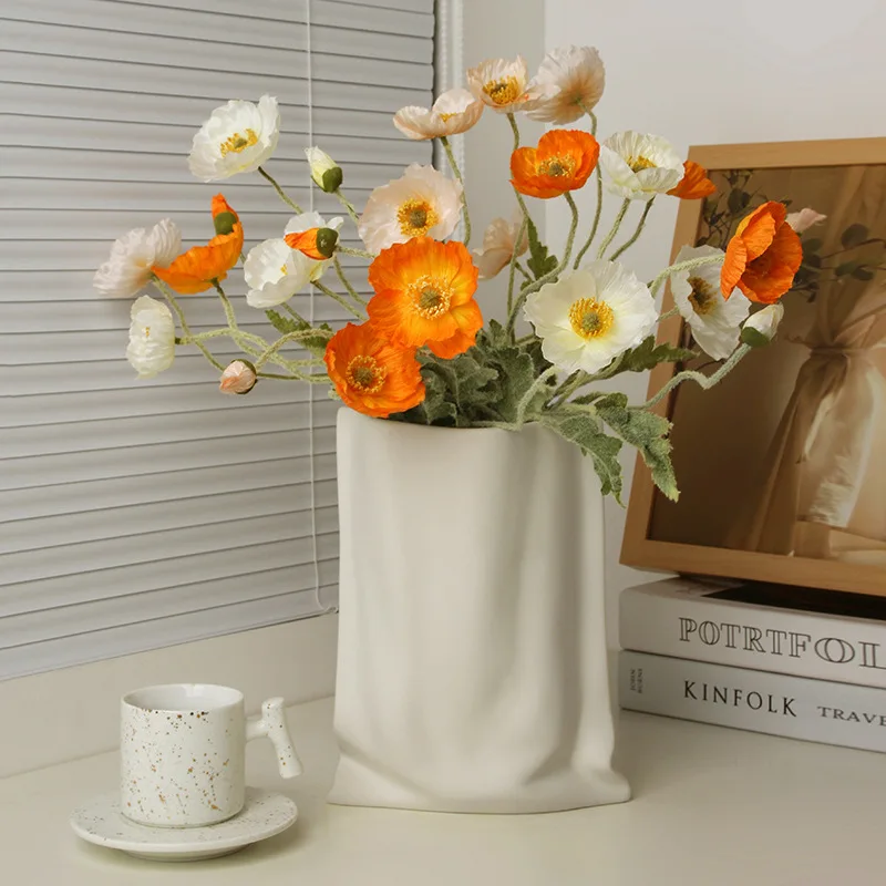 Creative Pleated Ceramic Vase Cream Style Home Living Room Entrance Dining Table Top Decoration Paper Bag Flower Ware