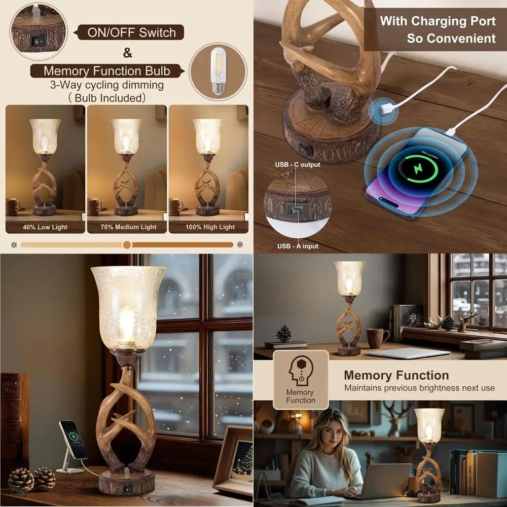 

Настольная лампа из смолы в форме оленьих рогов со стеклянным плафоном, прикроватный светильник 20,5 дюйма для гостиной и спальни, с USB-портами, в деревенском стиле