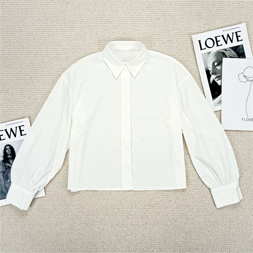 

25 Autumn New Polo Light Luxury Cotton Blended Commuter Lantern Sleeve Cardigan Women's Top Shirt