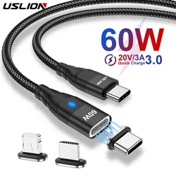 USLION PD 60W Magnetic Fast Charger Cable for iPhone 15 14 Pro Xiaomi 13 USB C To Micro or Type C Data Wire for Macbook Laptop