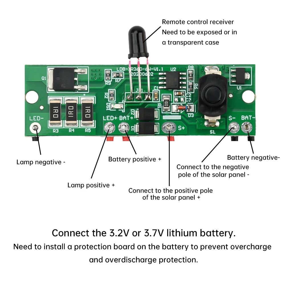 Controle remoto de longa iluminação, redução automática de energia, 3.2v 3.7v, placa de circuito de luz de rua solar, controlador de condução