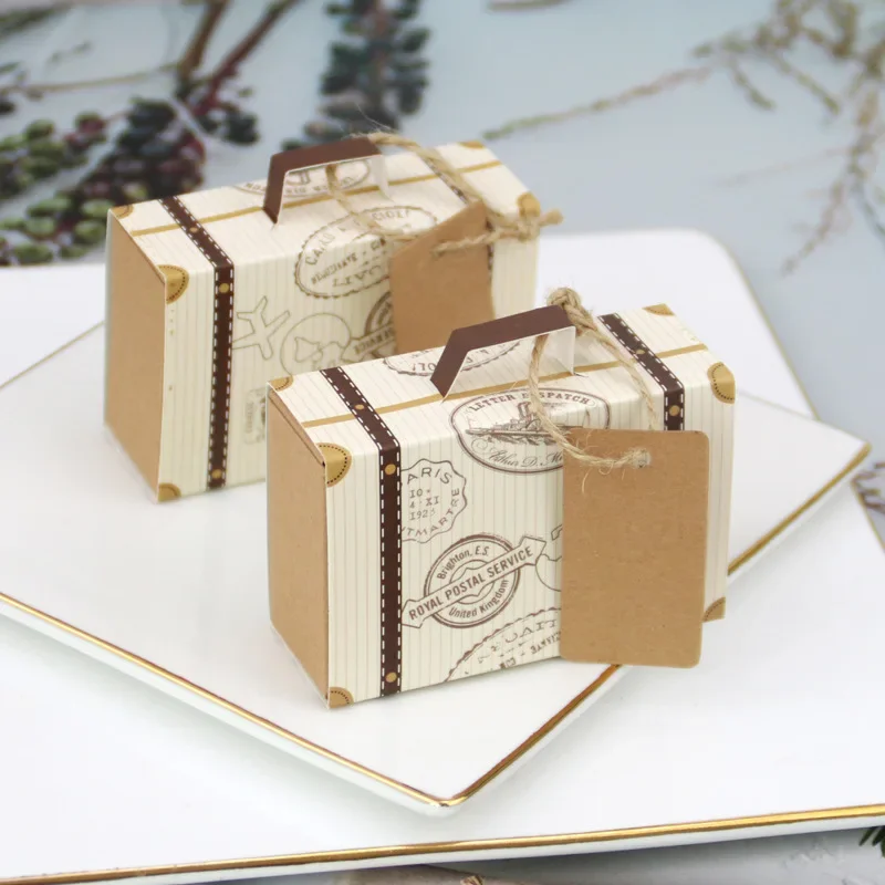 50Pcs Travel Suitcase Candy Box Kraft Paper Gift Box Wedding Birthday Party Decoration Chocolate Christmas Gift Packaging