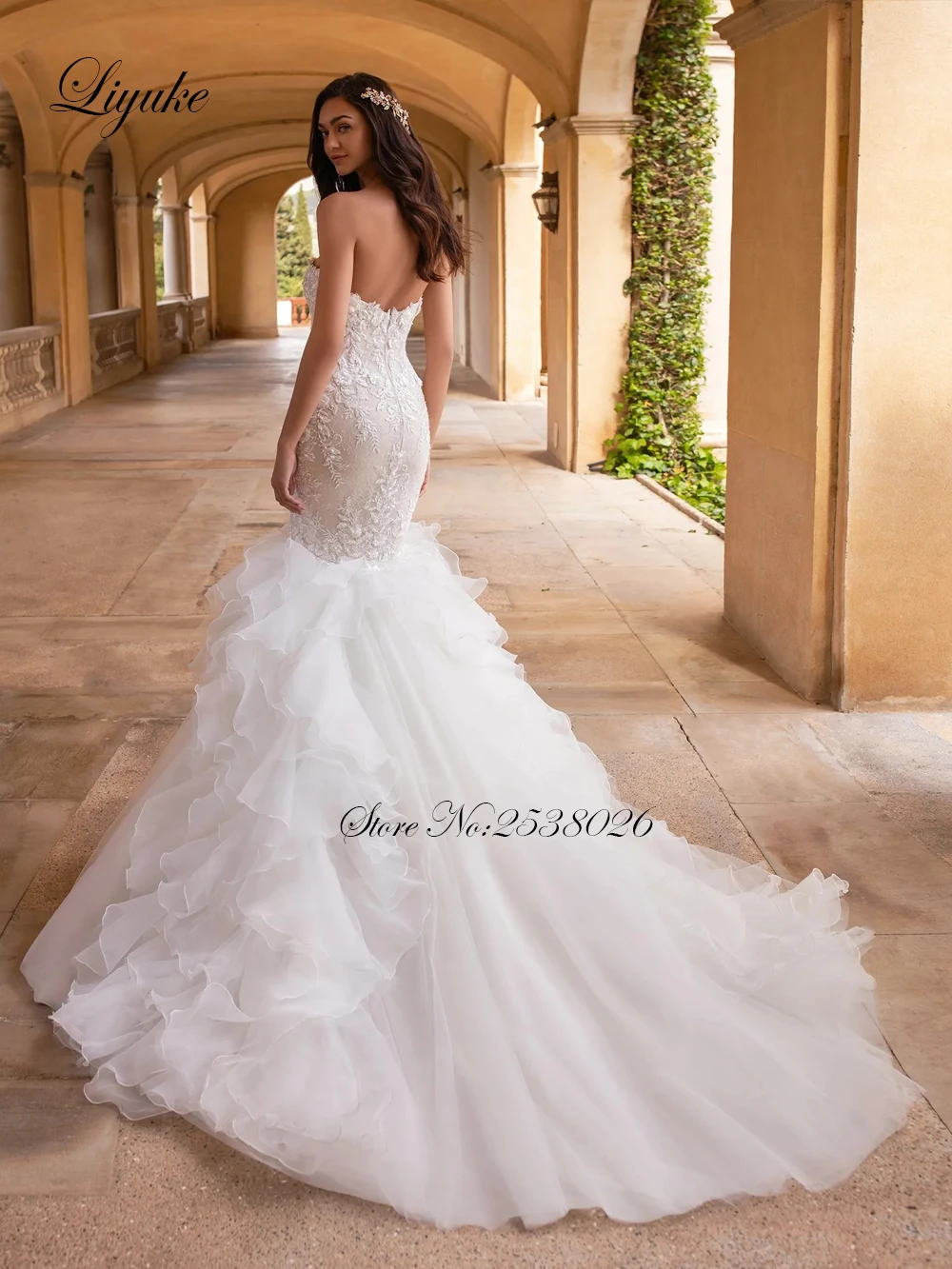 Liyuke Fabulous Appliques Lace Sweetheart Mermaid Wedding Dresses Elegant Floral Print Trumpet Bridal Gowns