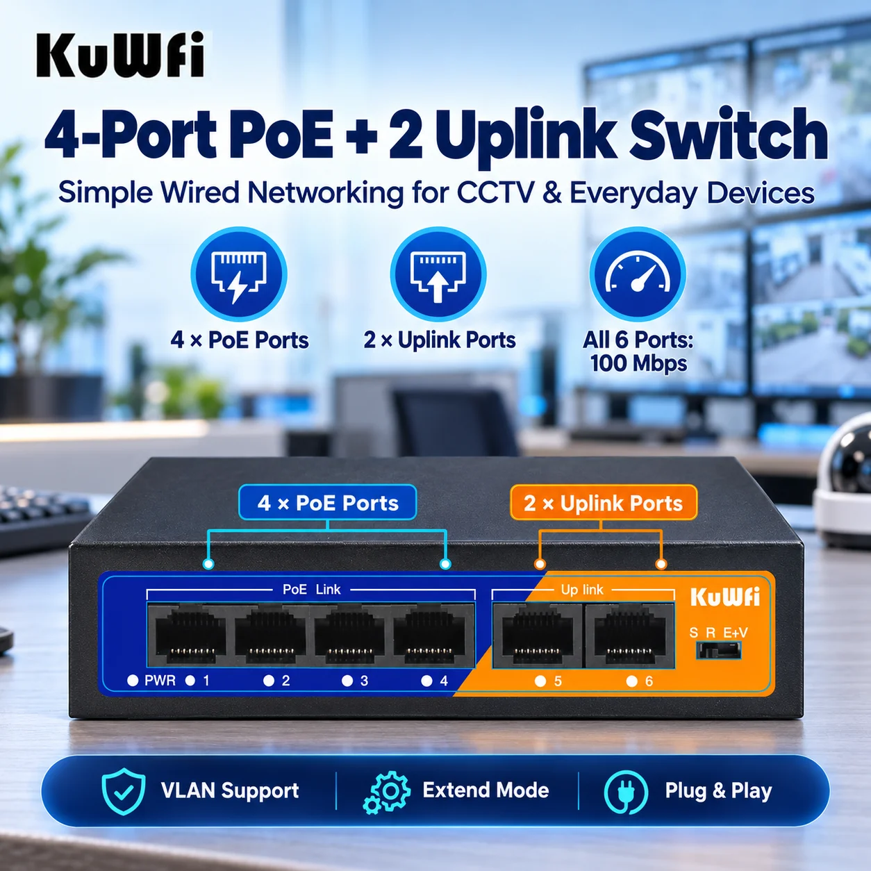 KuWFi PoE Switch with AP Router | 4-Port Gigabit Ethernet & Wireless Hub for IP Cameras | Plug & Play CCTV Network Solution