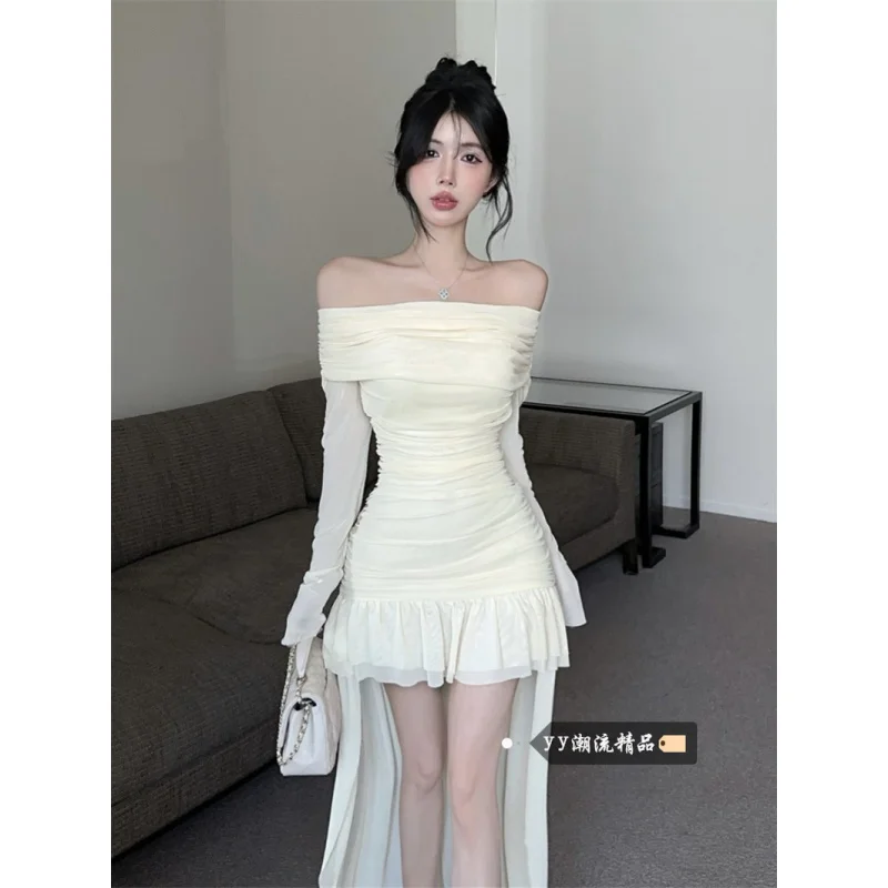 

Off-Shoulder Spicy Girl Long Sleeve Dress for Women Summer Tight Mesh Patchwork Slim Waist Pleated Bodycon Long Dress