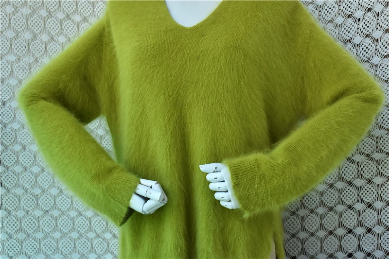 Ladies Women Autumn Winter Fashion Green Hairy Angora Rabbit Hair V-Neck Long Sleeves Split Loose Pullover Sweater Jumper Pull - view 5