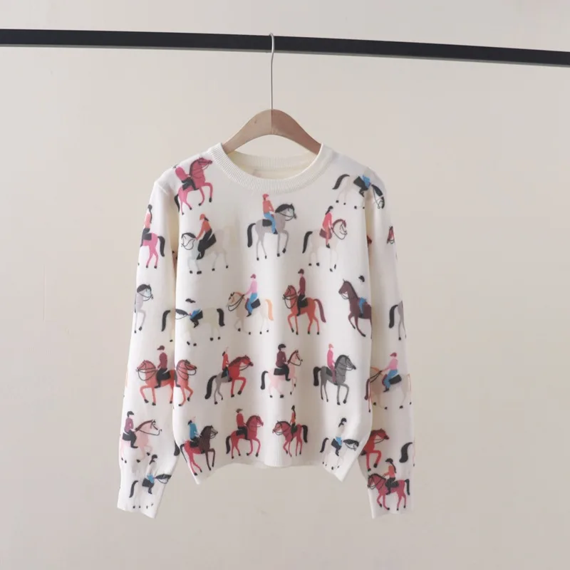 Luxury Horse Print Women's Sweater Pullovers White Wool Knit Tops Long Sleeve Jumper Jersey Korea Y2k Blouse Knitwear Winter