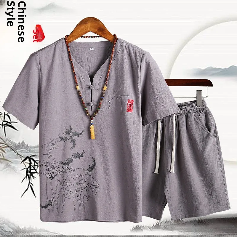 

Summer Cotton Linen ort Sve T-irt And orts Set for Middle-Aged Men Comfortable Breathable Casual Sportswear