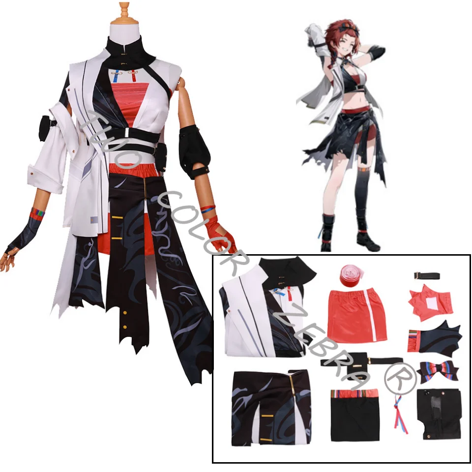 Game Wuthering Waves Chixia Cosplay Costume Anime Cos Outfit White Tops Printed Skirt Black Overlay Gloves Wig Full Set Roleplay