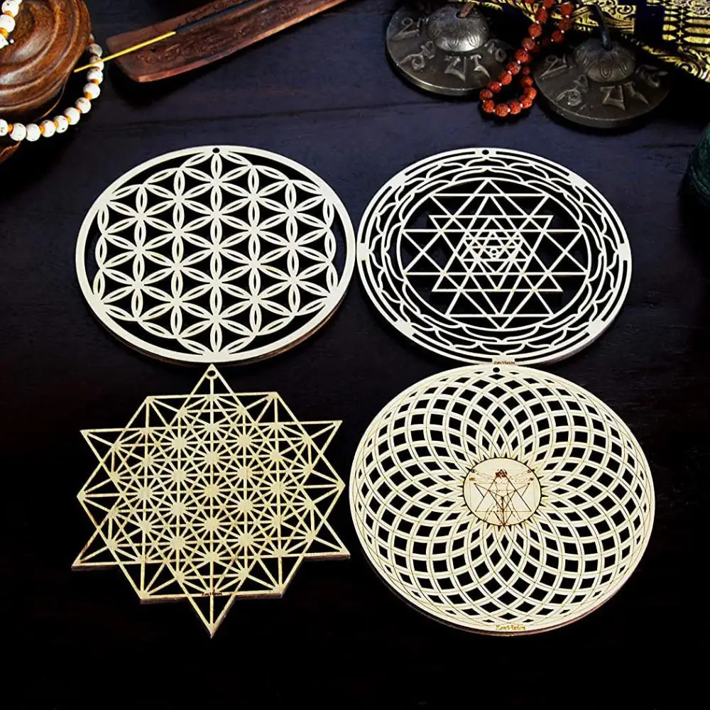 Wall Art Home Decor Home Wall Decor Laser Cut Slice Wood Base Flower Of Life Energy Mat Wooden Wall Sign Flower of Life Shape