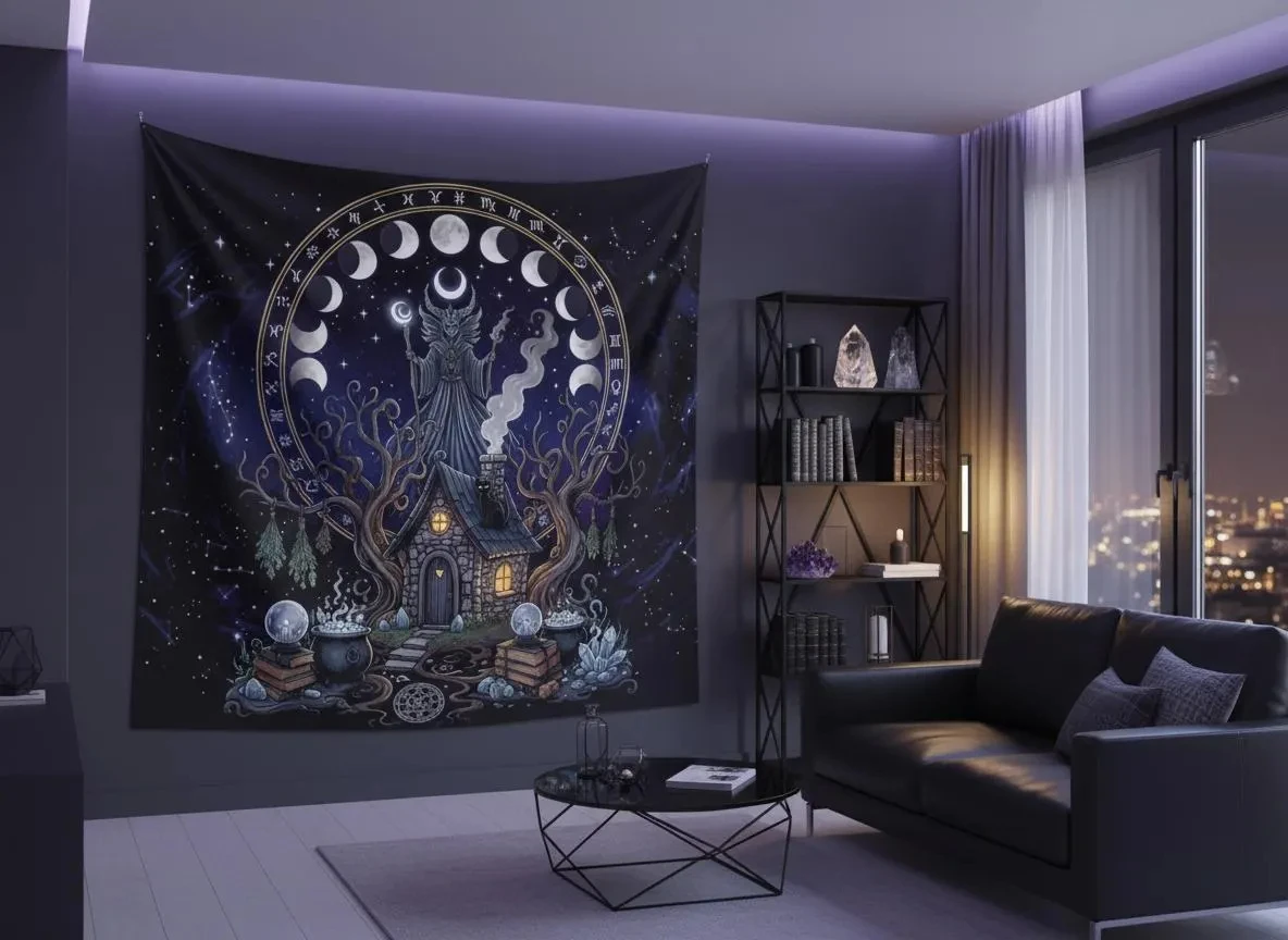 VIKAMA Witch's Cabin Moon Phase Tapestry Dark Starry Night Magic Background Cloth Meditation Room Bohemian Room Decoration