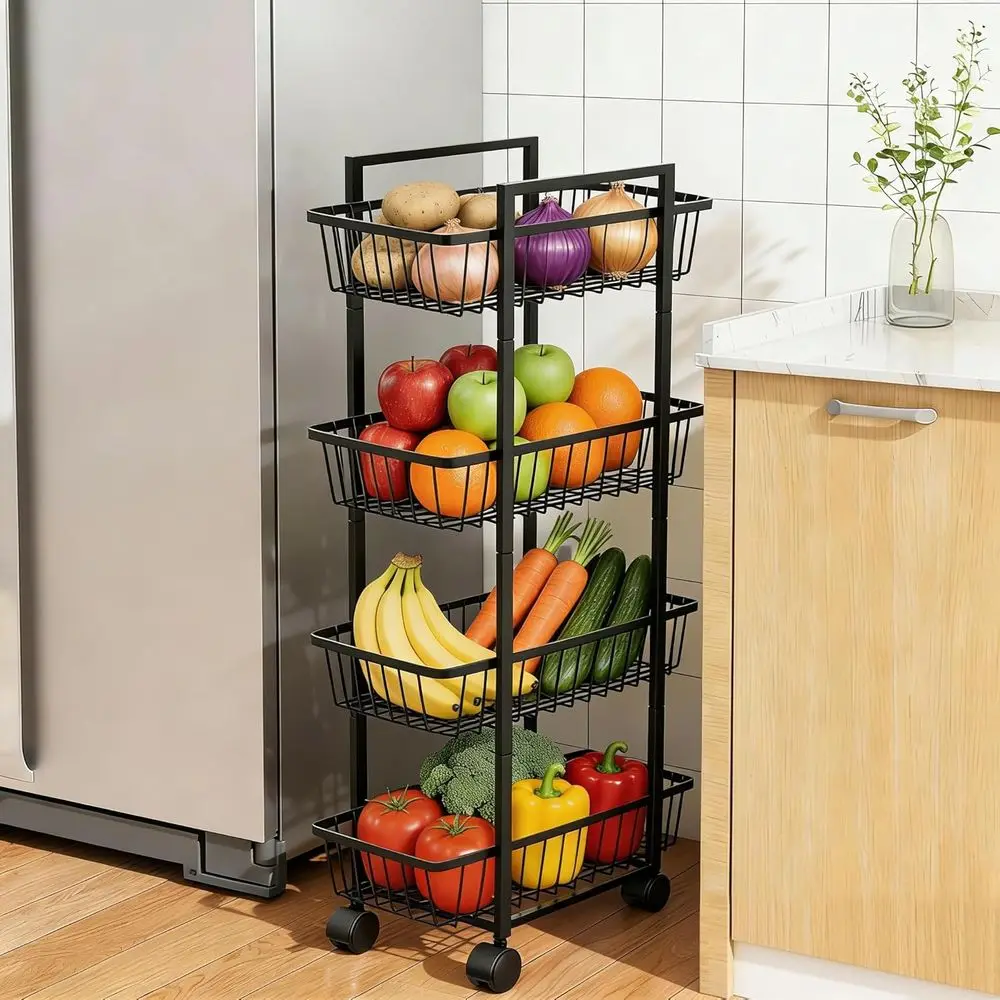 

4-ярусная передвижная корзина-тележка для фруктов и овощей, металлический проволочный органайзер для кухни на колесиках для хлеба, лука, картофеля, черный