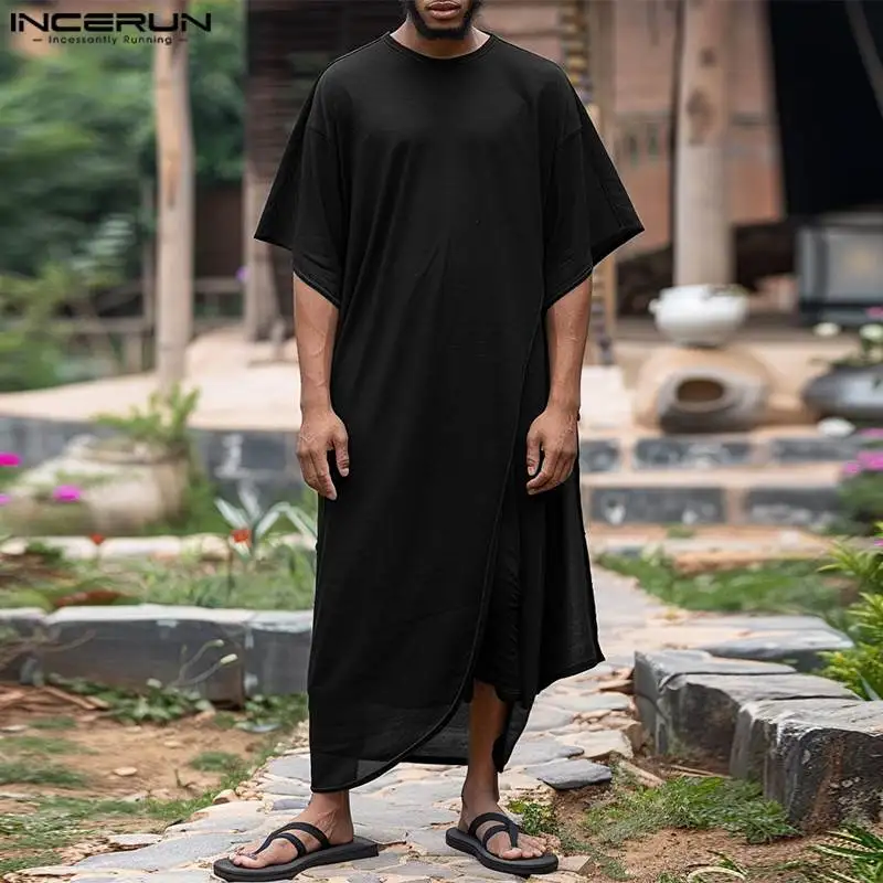 INCERUN-veste masculina de kaftan estilo muçulmano, estilo longo juba thobe, moda árabe, veste sólida com o pescoço, manga curta, novo, £, 2022