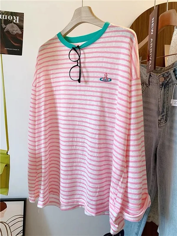 

plus Size 300 Pou Embroidered Striped Long Sve T-irt Women Summer Loose Cover up Top Color Blo Design Sweat Absorbent