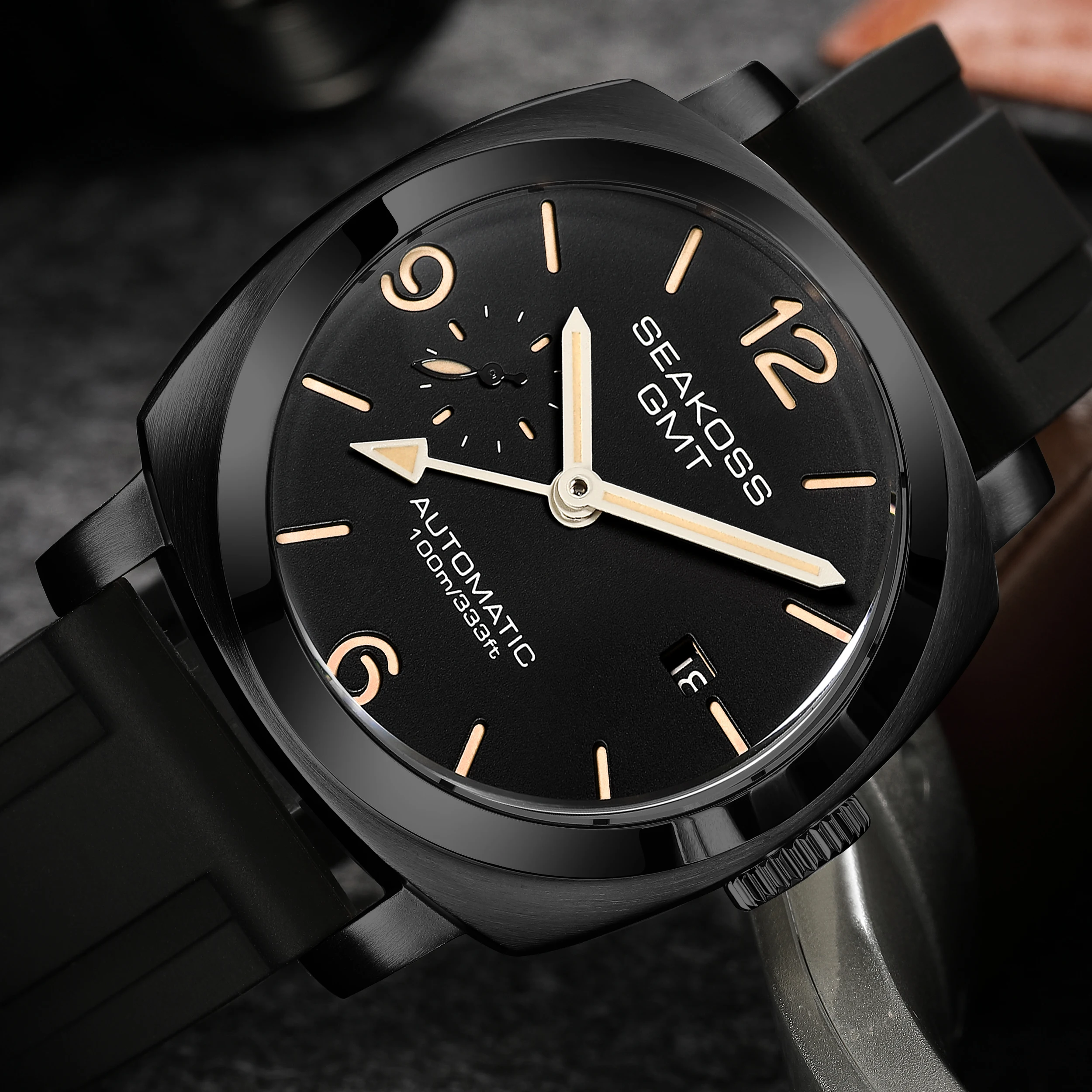 SEAKOSS GMT Relógio Mecânico Automático Para Homens ST2557 Movimento Super Luminoso Calendário Mergulho Relógios de Pulso Safira À Prova D 'Água