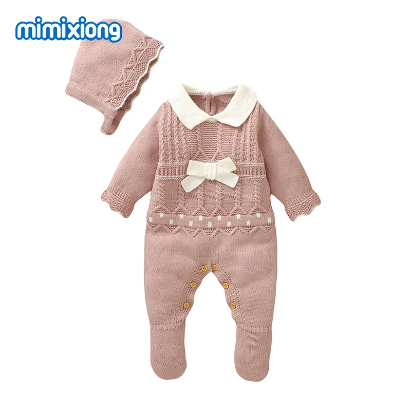 Baby Romper Set Knitted Autumn Pink Long Sleeve Infant Girls Jumpsuits Hats Outfits 0-18m Winter Outerwear Toddler 2pcs Costumes