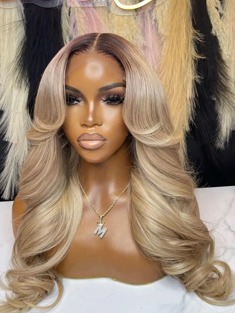 13X6 Ombre Blonde Gekleurde Frontale Pruik Menselijk Haar voor Vrouwen Transparant 13X6 Kant Voor Menselijk Haar Pruik met Donkere Wortel Pre Geplukt - afbeelding 2