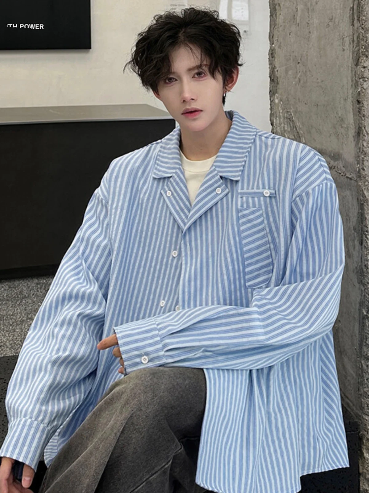 

Blue Striped Long Sleeve Loose Men's Shirt Spring Autumn Korean Style Trendy Top Premium Feeling Handsome Outerwear