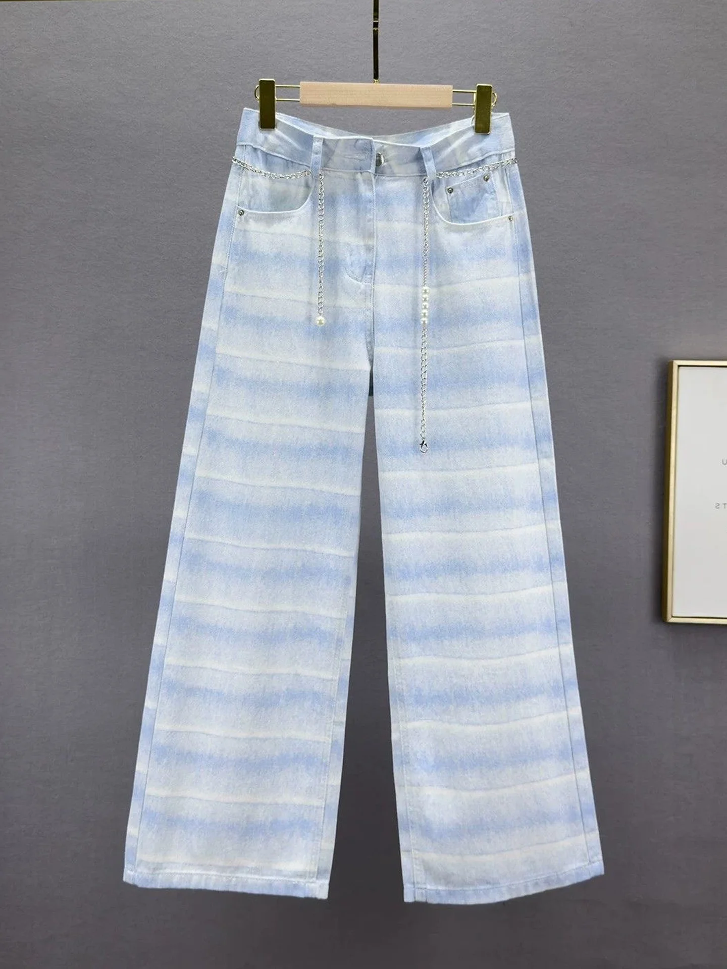 High Waist Straight Leg Gradient Stripe Denim Pants Women's Autumn New Style Loose Fit Slimming Versatile Commute Lazy Style ...