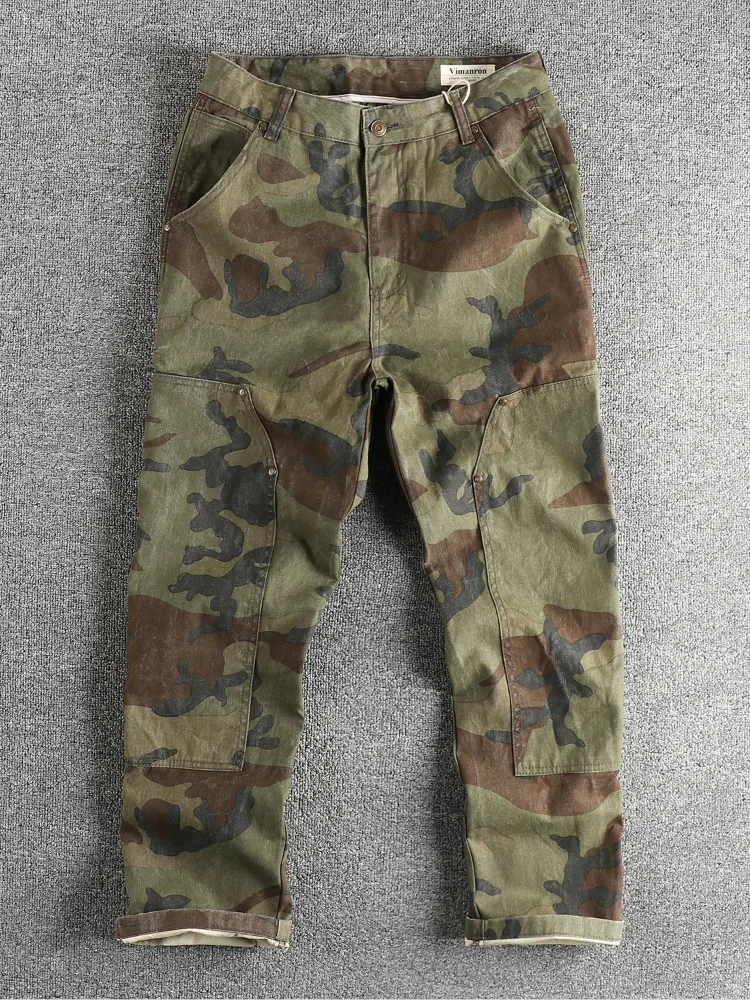 2024 Autumn New American Rerto Woven Twill Camouflage Cargo Pants Men\'s Simple 100% Cotton Washed Loose Straight Casual Trousers
