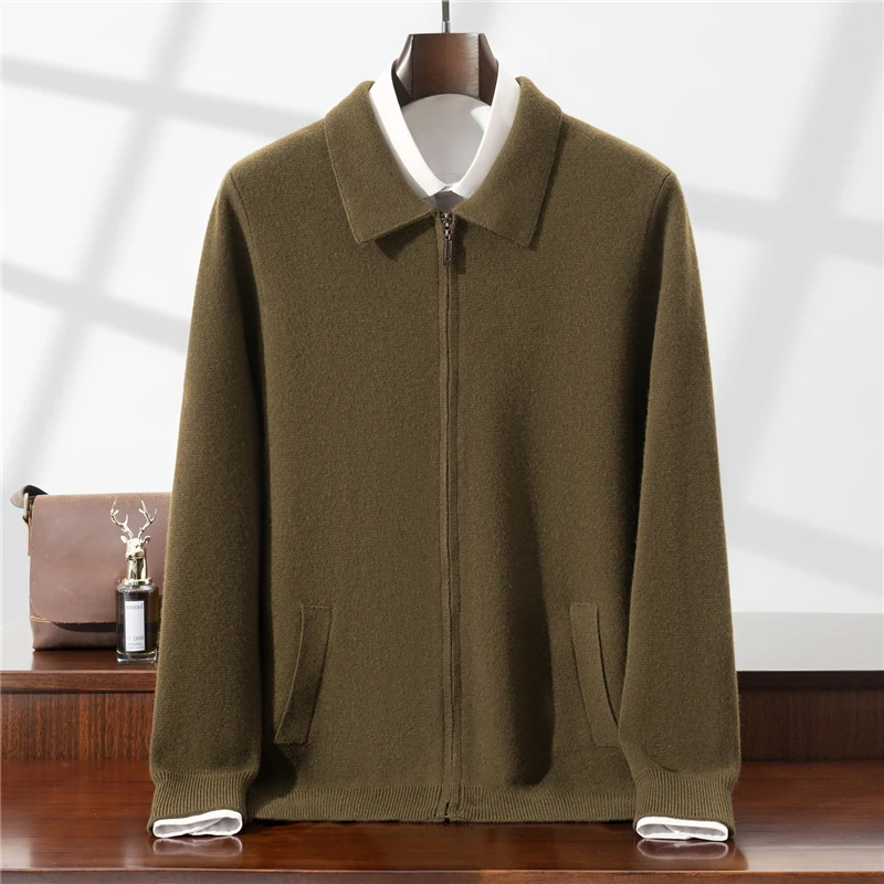 100% Pure Wool Zipper Cardigan Men's Turn-Down Collar Knitted Jacket with Pockets Loose Thickened Warm Sweater Jacket