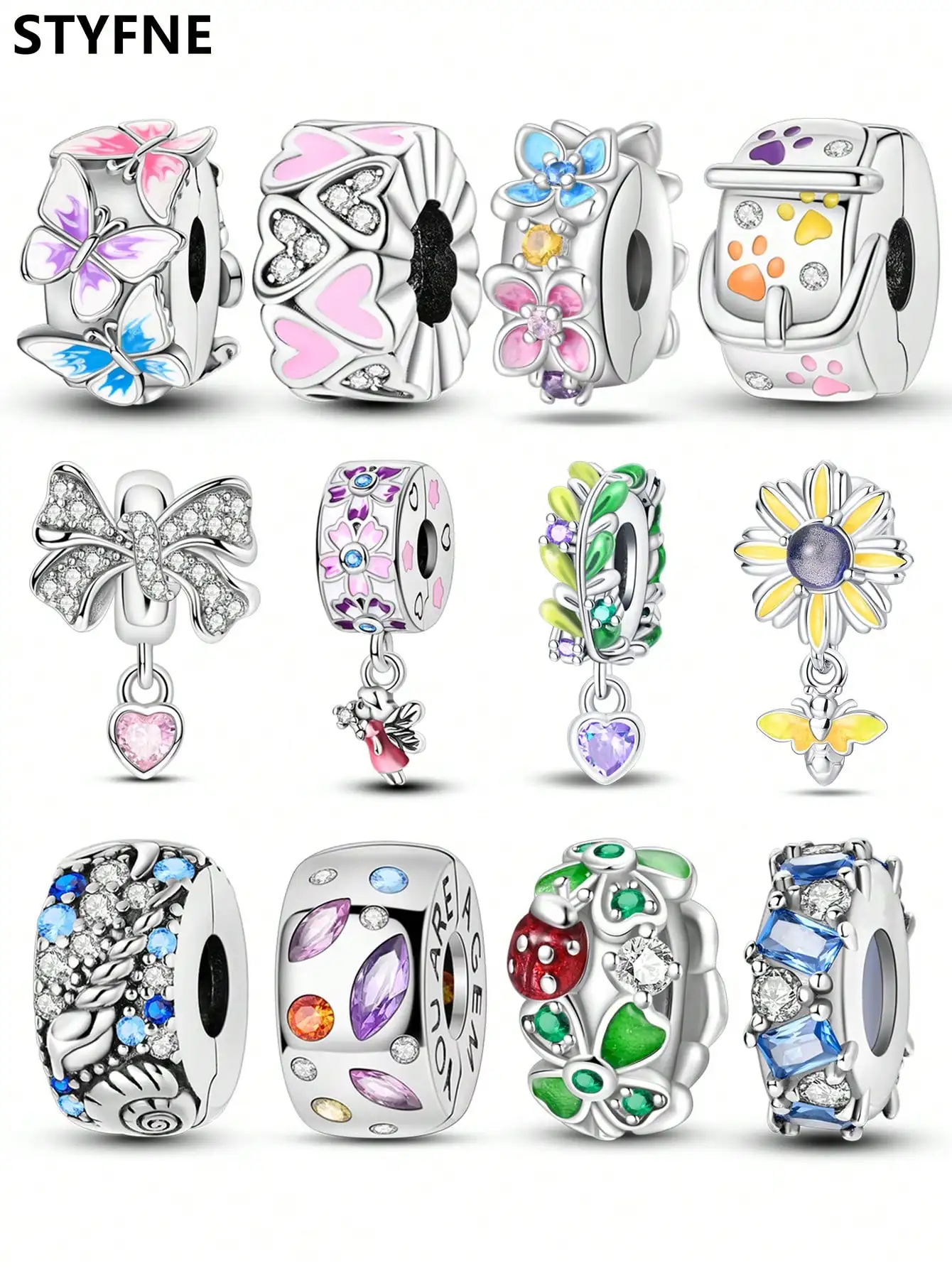 925er Silber vergoldete Original-Charms, rosa Blumen, Clips und Abstandshalter, Perlen für Armbänder, Damenschmuck, Geschenk